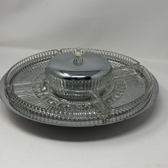 Other - Vintage Kromex Lazy Susan Serving Tray 4 Glass Dividers Dip Container W Lid MCM